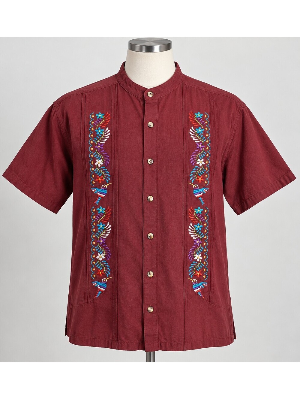 Men's Mexican Guayabera Burgundy Embroidered Shirt XL Birds
